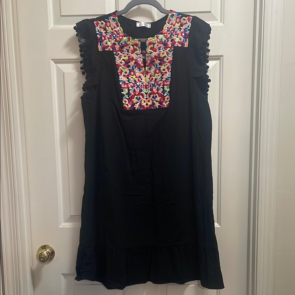 Black Dress with Colorful Embroidered Neckline